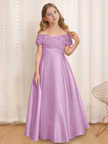 Princess A-Line Off-the-Shoulder Flower Girl Dress with Short Sleeves and Floor-Length Ruffles