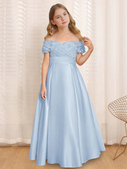 Princess A-Line Off-the-Shoulder Flower Girl Dress with Short Sleeves and Floor-Length Ruffles