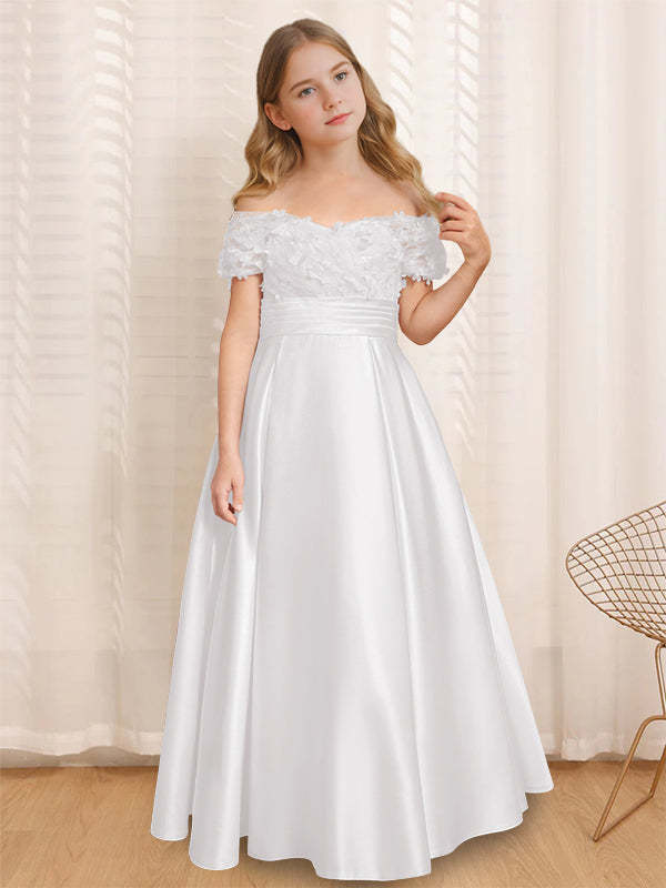 Princess A-Line Off-the-Shoulder Flower Girl Dress with Short Sleeves and Floor-Length Ruffles