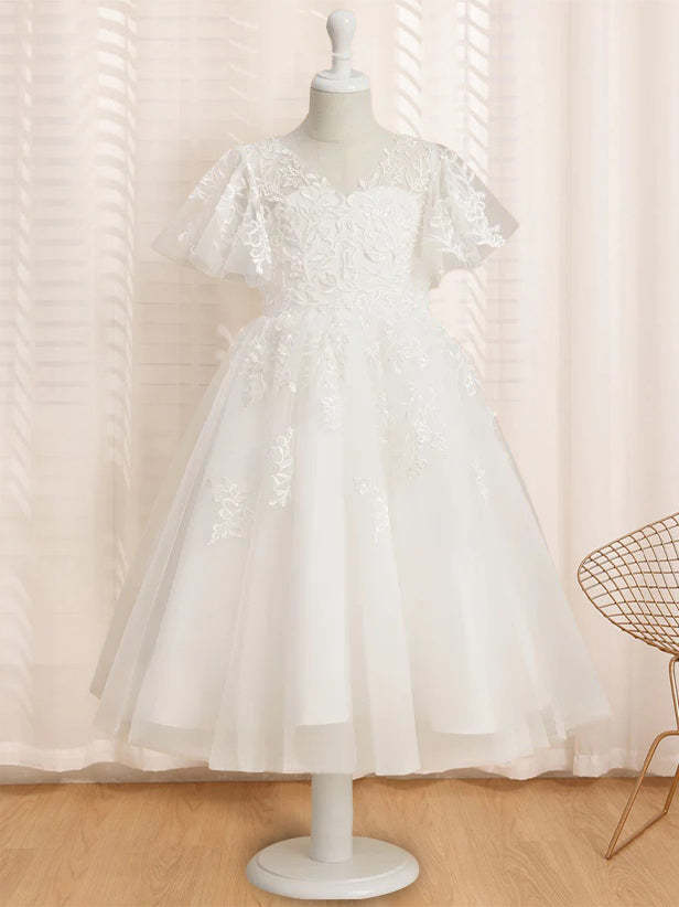 V-Neck A-Line Princess Tea-Length Flower Girl Dress with Short Sleeves and Lace