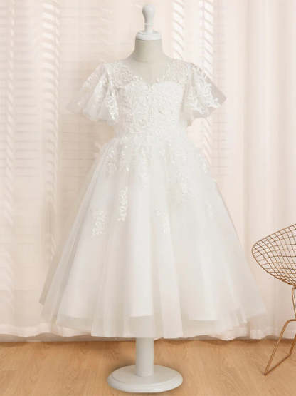 V-Neck A-Line Princess Tea-Length Flower Girl Dress with Short Sleeves and Lace