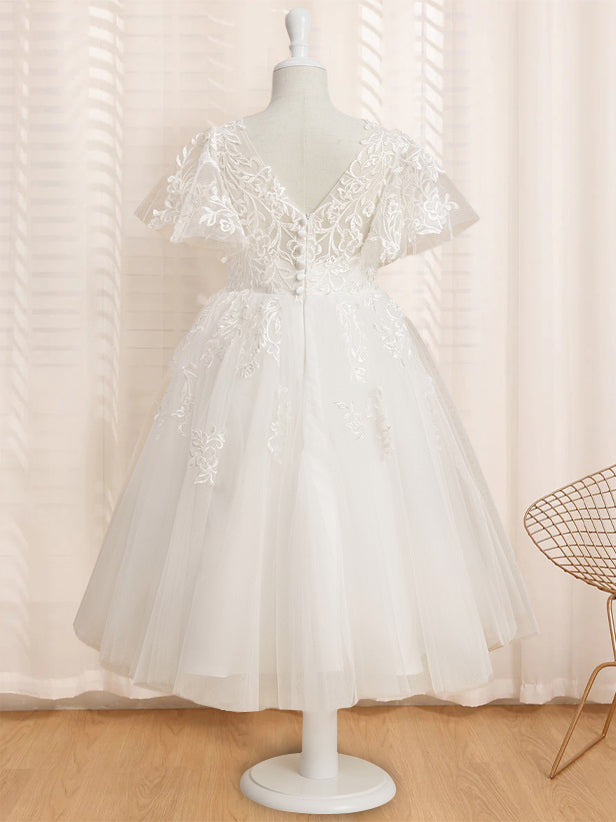 V-Neck A-Line Princess Tea-Length Flower Girl Dress with Short Sleeves and Lace