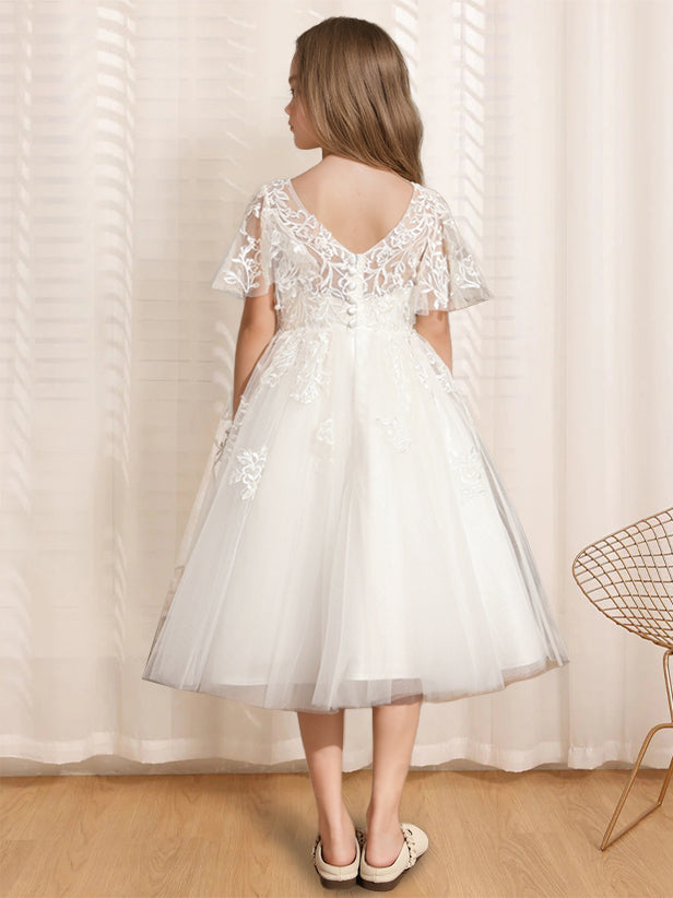 V-Neck A-Line Princess Tea-Length Flower Girl Dress with Short Sleeves and Lace
