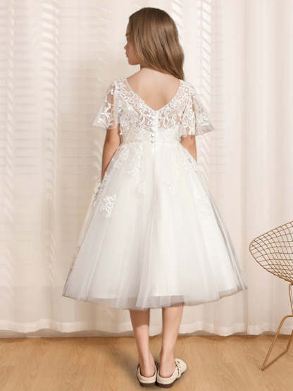 V-Neck A-Line Princess Tea-Length Flower Girl Dress with Short Sleeves and Lace