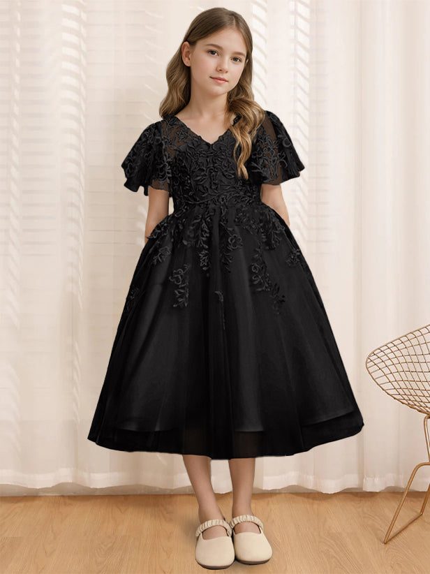 V-Neck A-Line Princess Tea-Length Flower Girl Dress with Short Sleeves and Lace