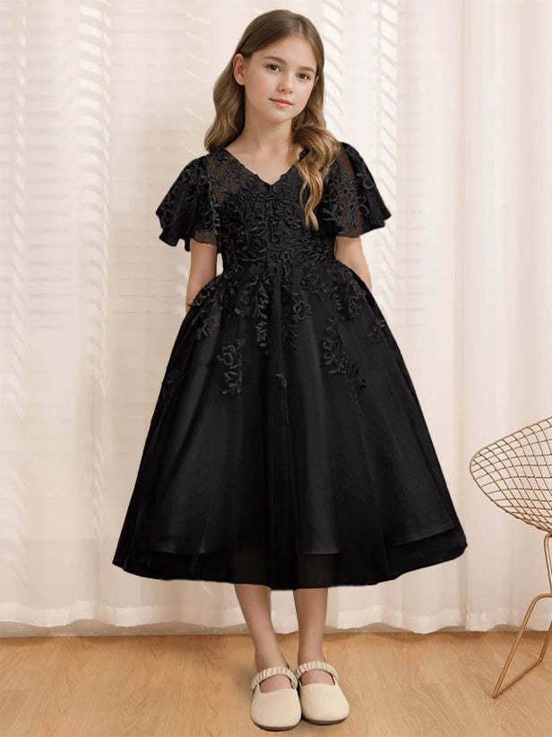 V-Neck A-Line Princess Tea-Length Flower Girl Dress with Short Sleeves and Lace