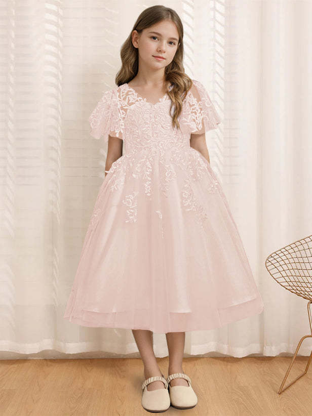 V-Neck A-Line Princess Tea-Length Flower Girl Dress with Short Sleeves and Lace