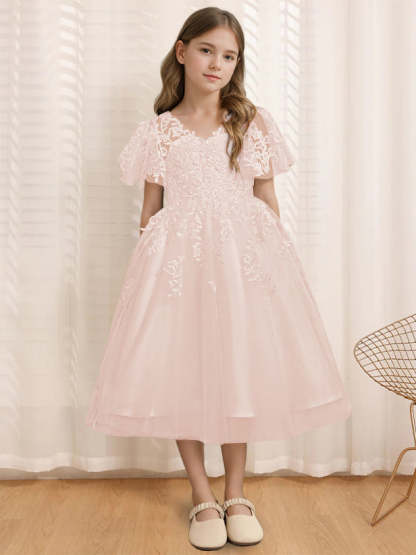 V-Neck A-Line Princess Tea-Length Flower Girl Dress with Short Sleeves and Lace