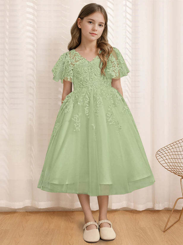 V-Neck A-Line Princess Tea-Length Flower Girl Dress with Short Sleeves and Lace