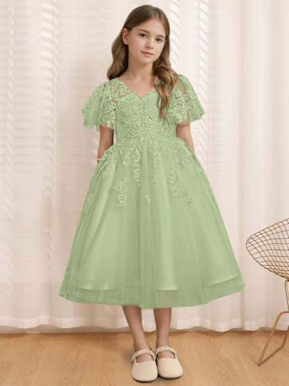V-Neck A-Line Princess Tea-Length Flower Girl Dress with Short Sleeves and Lace