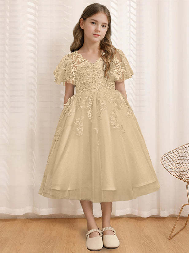 V-Neck A-Line Princess Tea-Length Flower Girl Dress with Short Sleeves and Lace