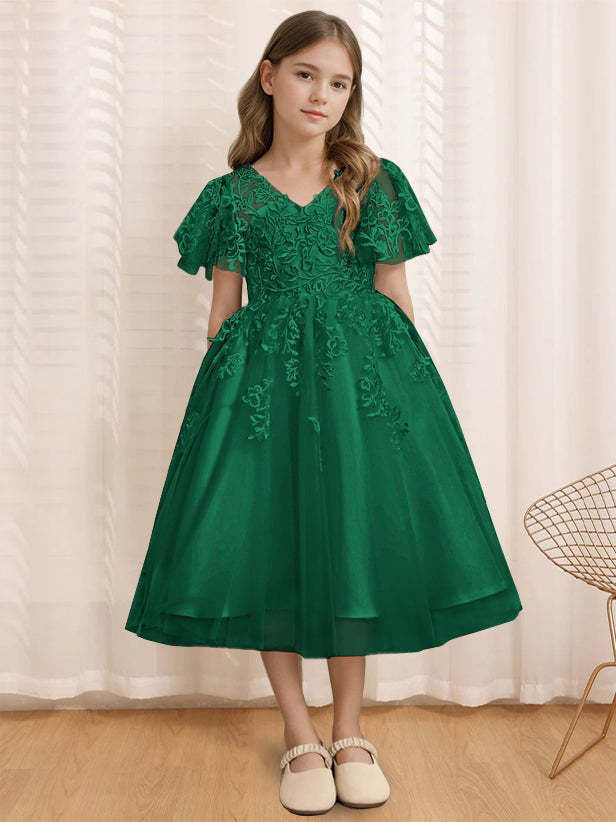 V-Neck A-Line Princess Tea-Length Flower Girl Dress with Short Sleeves and Lace