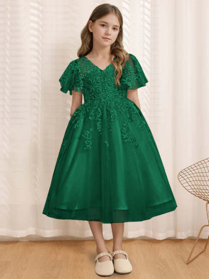 V-Neck A-Line Princess Tea-Length Flower Girl Dress with Short Sleeves and Lace