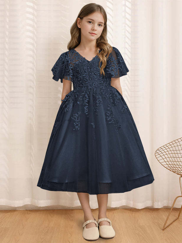 V-Neck A-Line Princess Tea-Length Flower Girl Dress with Short Sleeves and Lace