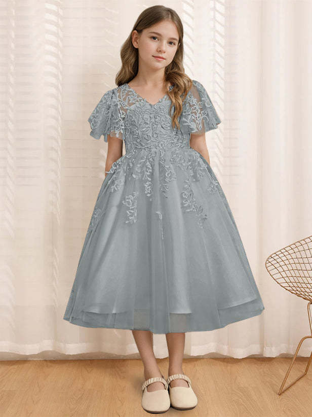 V-Neck A-Line Princess Tea-Length Flower Girl Dress with Short Sleeves and Lace