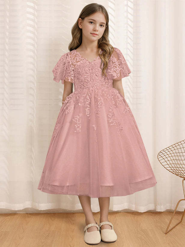 V-Neck A-Line Princess Tea-Length Flower Girl Dress with Short Sleeves and Lace