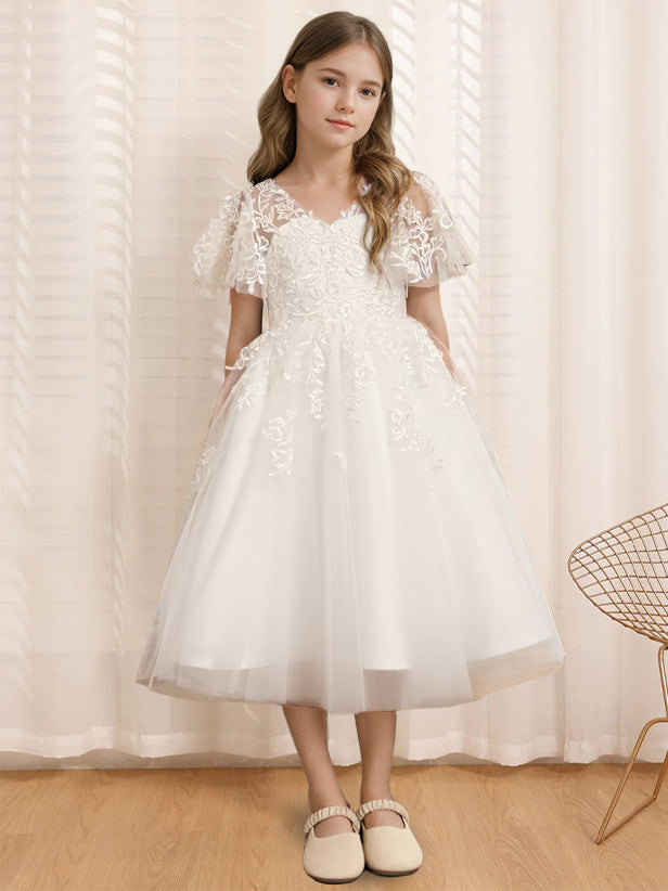 V-Neck A-Line Princess Tea-Length Flower Girl Dress with Short Sleeves and Lace