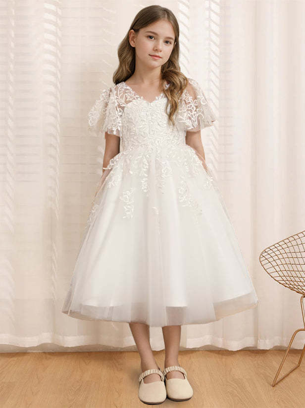 V-Neck A-Line Princess Tea-Length Flower Girl Dress with Short Sleeves and Lace