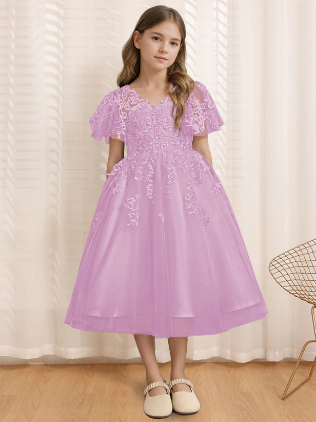 V-Neck A-Line Princess Tea-Length Flower Girl Dress with Short Sleeves and Lace