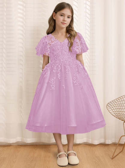 V-Neck A-Line Princess Tea-Length Flower Girl Dress with Short Sleeves and Lace