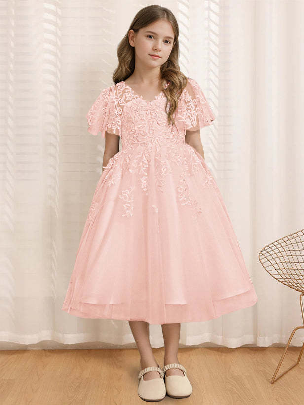 V-Neck A-Line Princess Tea-Length Flower Girl Dress with Short Sleeves and Lace