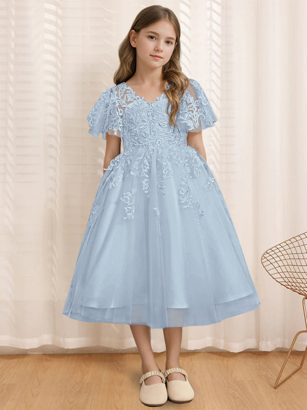 V-Neck A-Line Princess Tea-Length Flower Girl Dress with Short Sleeves and Lace