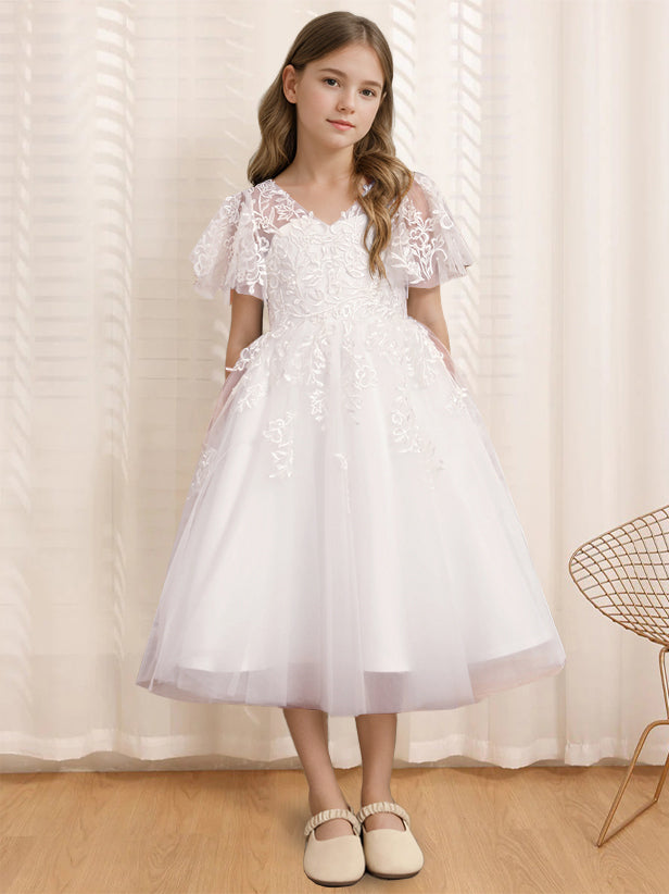 V-Neck A-Line Princess Tea-Length Flower Girl Dress with Short Sleeves and Lace
