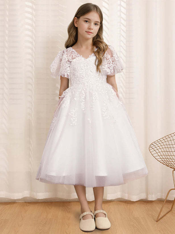 V-Neck A-Line Princess Tea-Length Flower Girl Dress with Short Sleeves and Lace