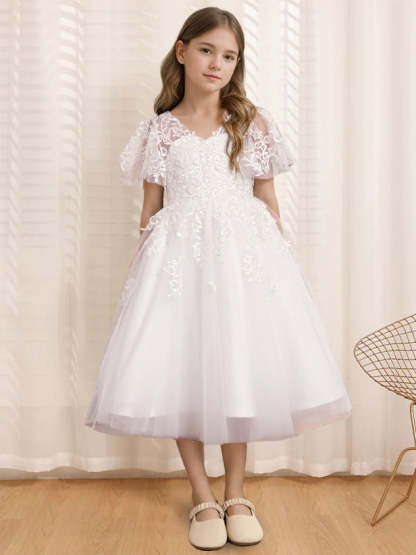 V-Neck A-Line Princess Tea-Length Flower Girl Dress with Short Sleeves and Lace