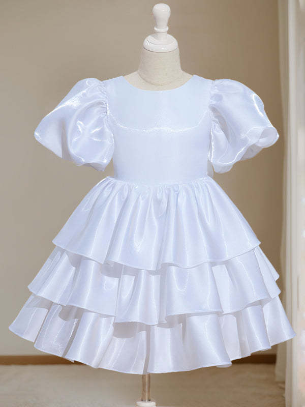 Short Sleeves Round Neck Knee-Length Flower Girl Ball-Gown Dress with Bowknot