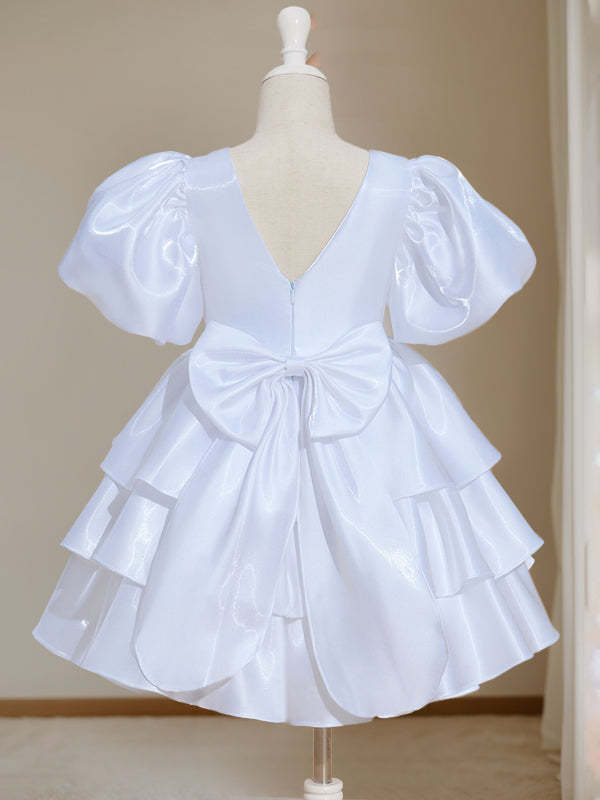 Short Sleeves Round Neck Knee-Length Flower Girl Ball-Gown Dress with Bowknot