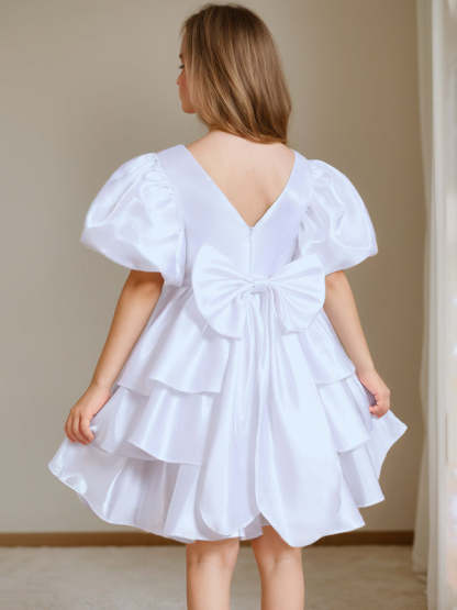 Short Sleeves Round Neck Knee-Length Flower Girl Ball-Gown Dress with Bowknot