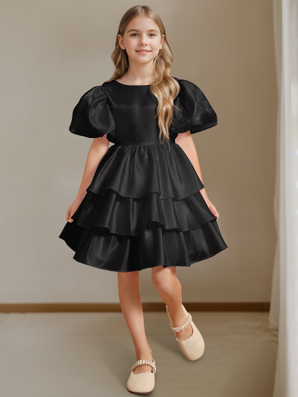 Short Sleeves Round Neck Knee-Length Flower Girl Ball-Gown Dress with Bowknot
