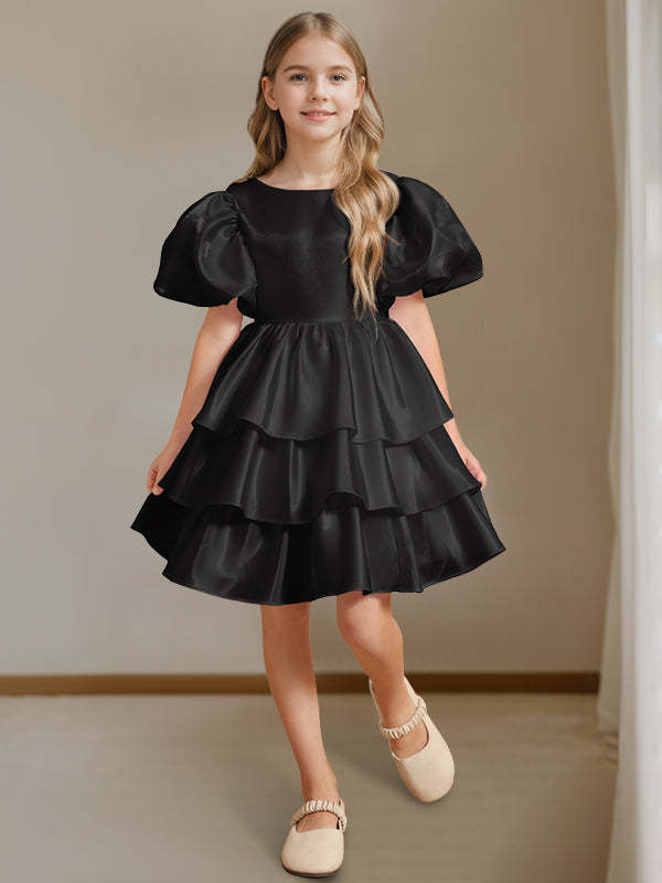 Short Sleeves Round Neck Knee-Length Flower Girl Ball-Gown Dress with Bowknot
