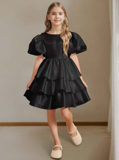 Short Sleeves Round Neck Knee-Length Flower Girl Ball-Gown Dress with Bowknot