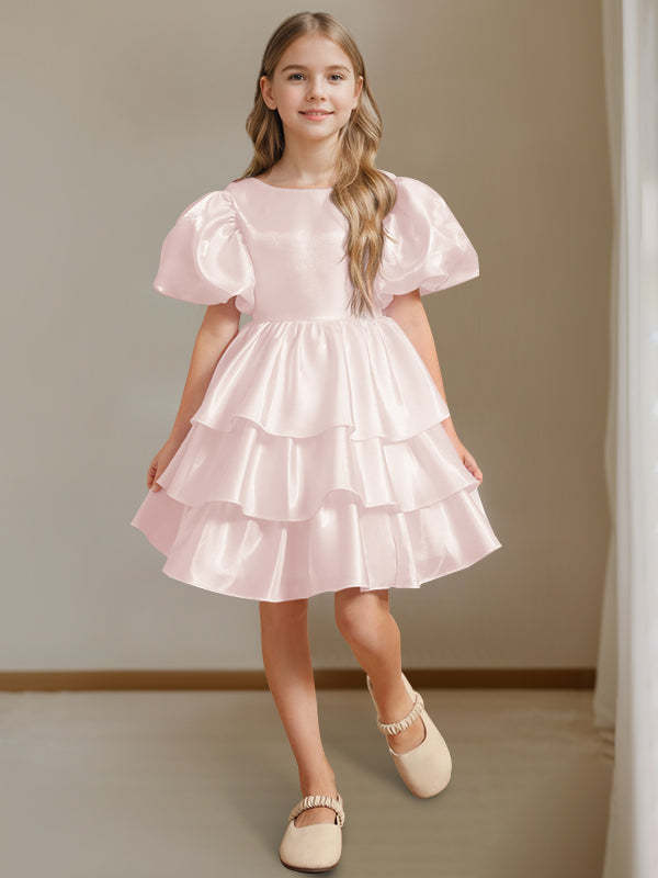 Short Sleeves Round Neck Knee-Length Flower Girl Ball-Gown Dress with Bowknot