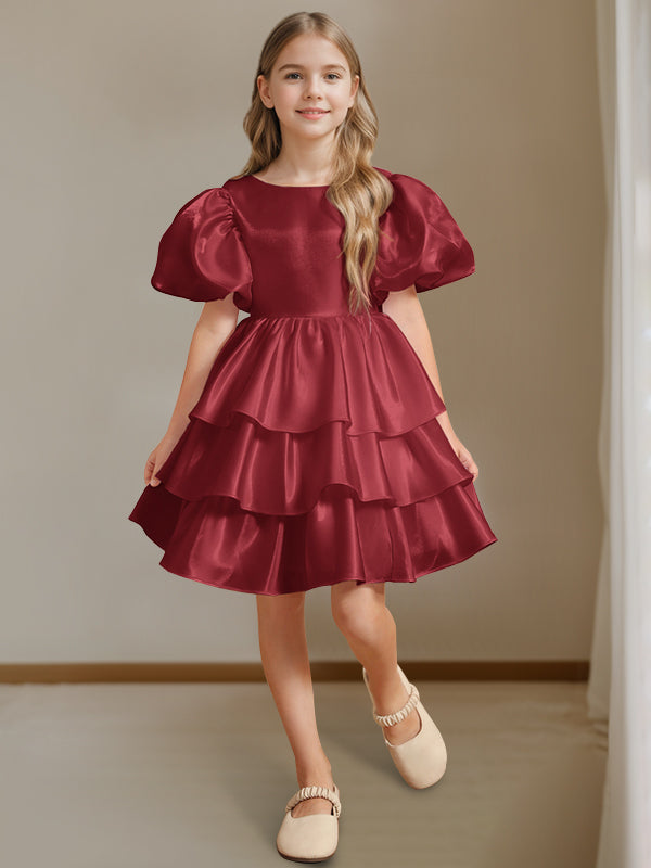 Short Sleeves Round Neck Knee-Length Flower Girl Ball-Gown Dress with Bowknot