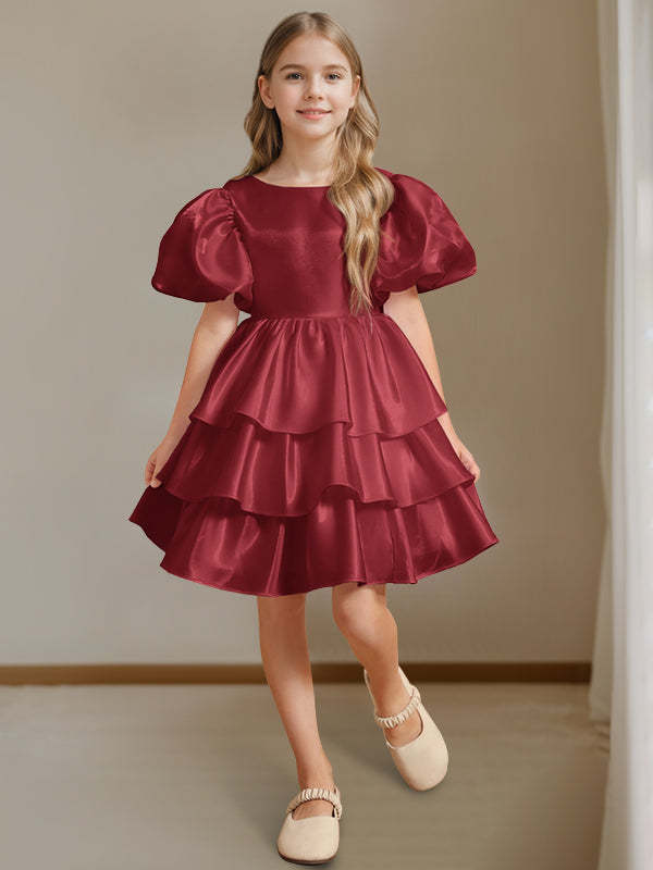 Short Sleeves Round Neck Knee-Length Flower Girl Ball-Gown Dress with Bowknot