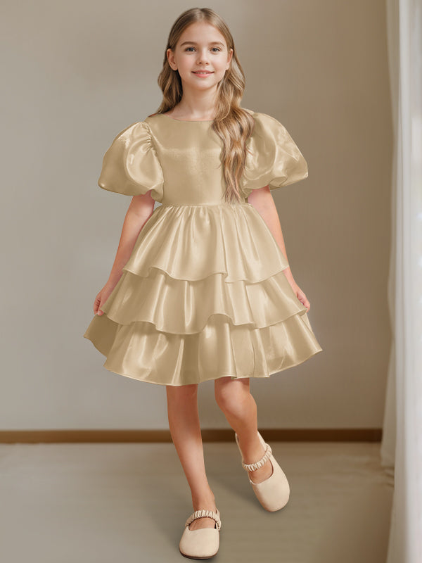 Short Sleeves Round Neck Knee-Length Flower Girl Ball-Gown Dress with Bowknot