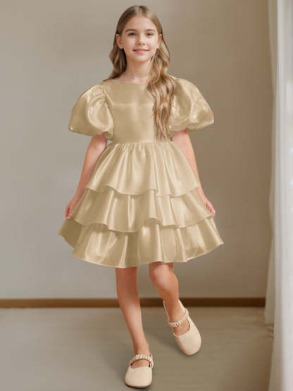 Short Sleeves Round Neck Knee-Length Flower Girl Ball-Gown Dress with Bowknot