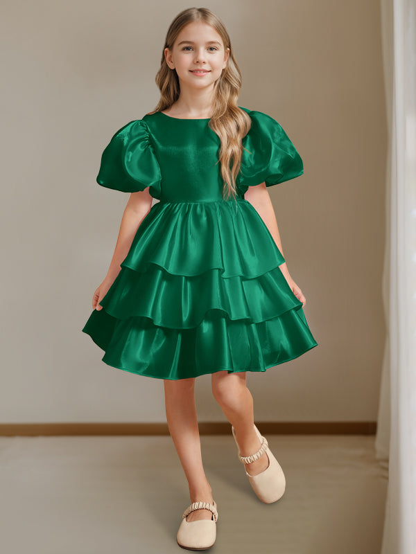 Short Sleeves Round Neck Knee-Length Flower Girl Ball-Gown Dress with Bowknot