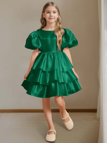 Short Sleeves Round Neck Knee-Length Flower Girl Ball-Gown Dress with Bowknot