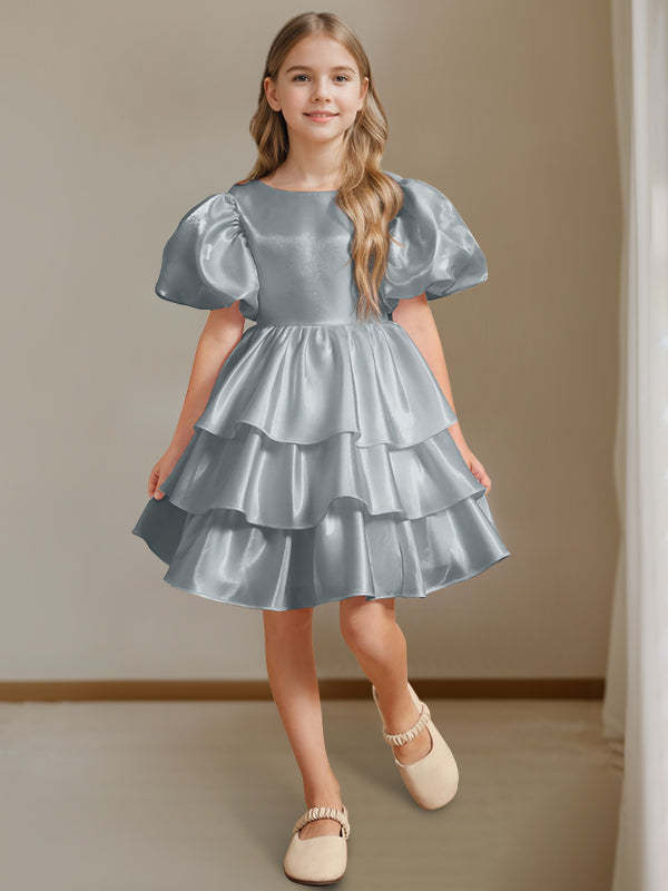 Short Sleeves Round Neck Knee-Length Flower Girl Ball-Gown Dress with Bowknot