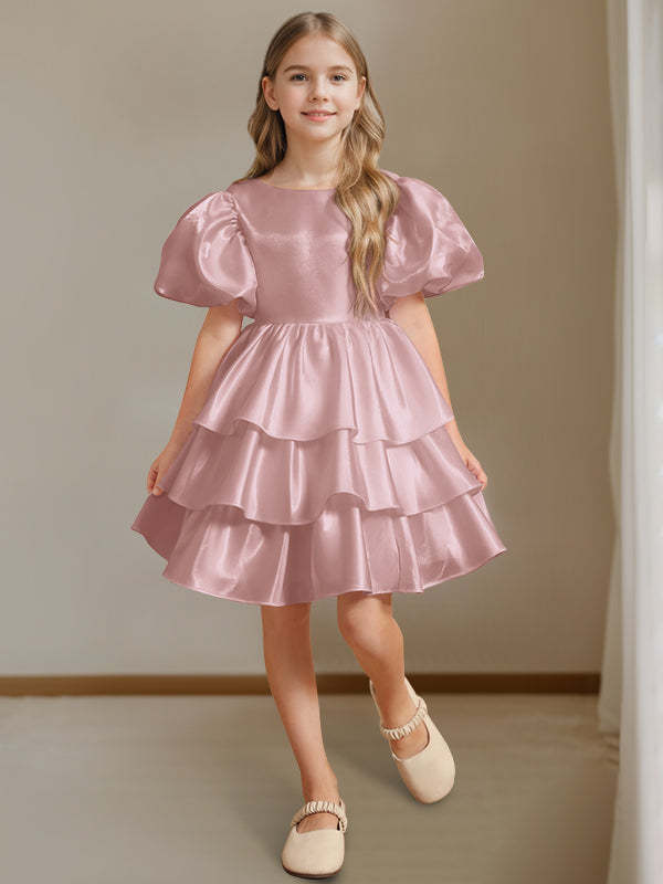 Short Sleeves Round Neck Knee-Length Flower Girl Ball-Gown Dress with Bowknot