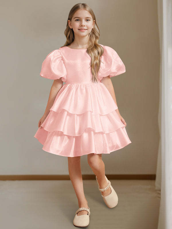 Short Sleeves Round Neck Knee-Length Flower Girl Ball-Gown Dress with Bowknot