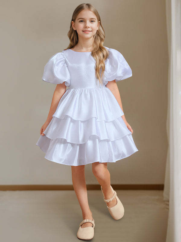 Short Sleeves Round Neck Knee-Length Flower Girl Ball-Gown Dress with Bowknot