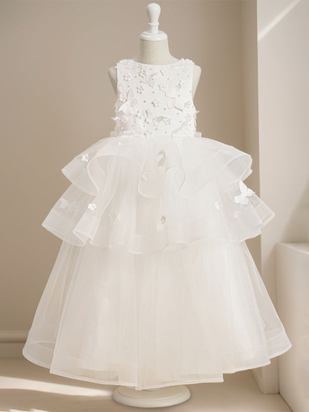 Ankle-Length Flower Girl Ball Gown with Round Neck and Lace Sleeveless