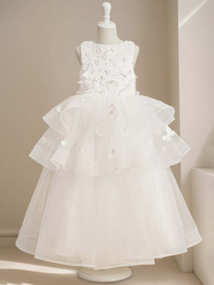 Ankle-Length Flower Girl Ball Gown with Round Neck and Lace Sleeveless