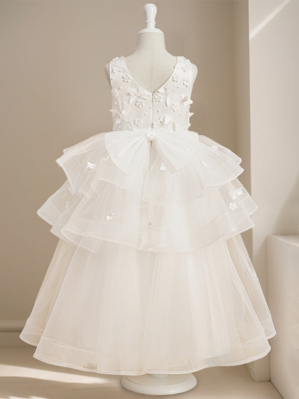 Ankle-Length Flower Girl Ball Gown with Round Neck and Lace Sleeveless