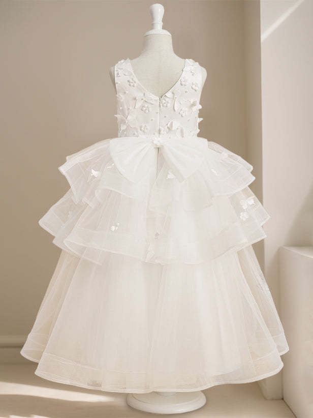 Ankle-Length Flower Girl Ball Gown with Round Neck and Lace Sleeveless